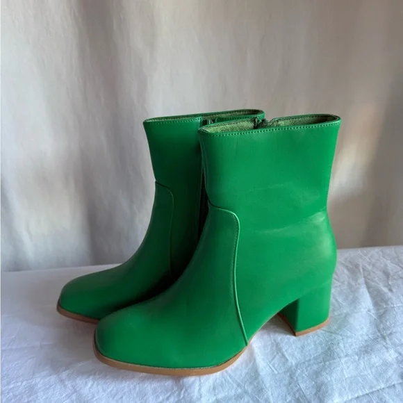 Faux Leather Square Toe Side Zip Block Heel Ankle Boots Green - Picture 1 of 5